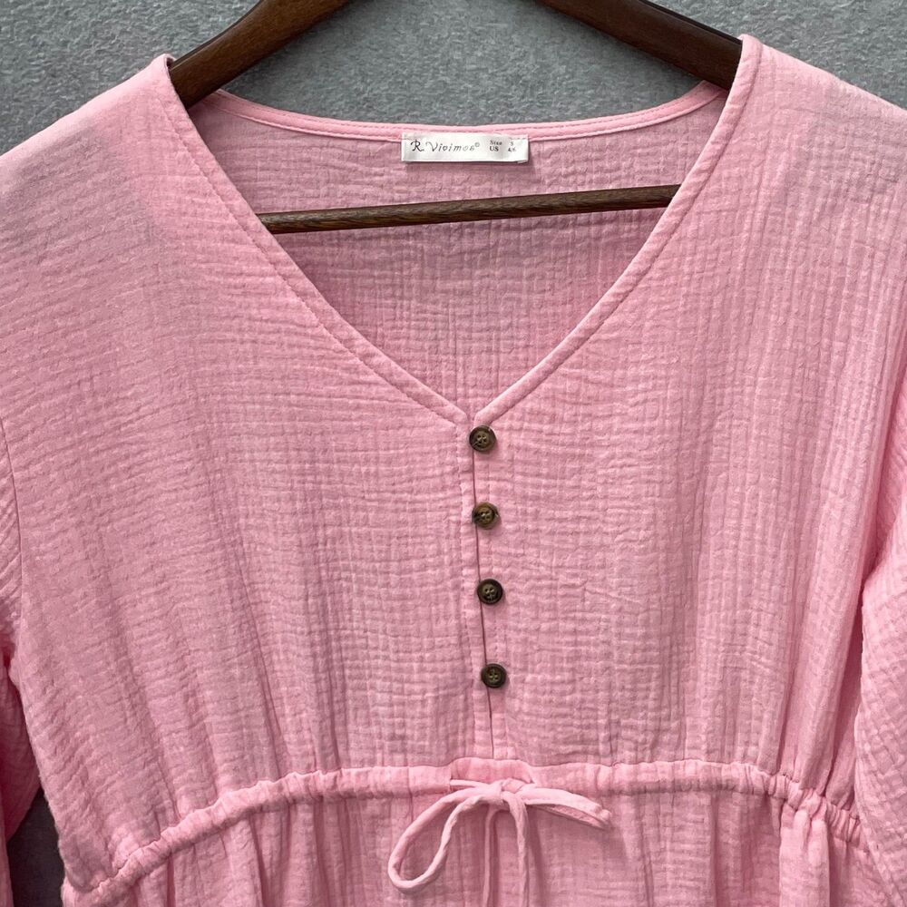 R Vivimos Pink Gauze Babydoll Tunic Dress Tassel Tiered Boho Small - Picture 4 of 8